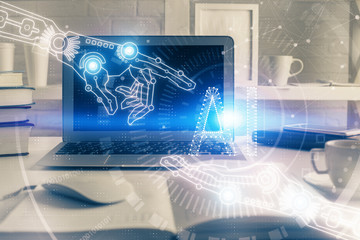 Technology theme drawing and work space with computer. Double exposure. Concept of innovation.