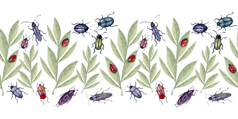Watercolor background picture Border with beetles