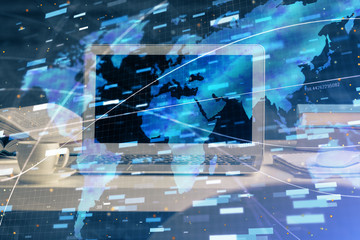 Technology theme drawing and table with computer. Multi exposure. Concept of information.