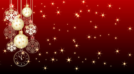 Golden Christmas balls background. Festive xmas decoration gold bauble and bright snowflake, for hours hanging on the ribbon chains