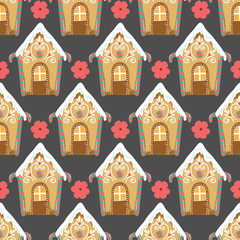 Gingerbread House with Flowers Vector Seamless Pattern