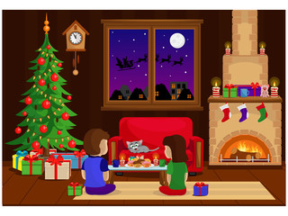 Decorated room for the new year and Christmas, with people waiting for the holiday. Vector illustration on a holiday theme with a fireplace and a Christmas tree.