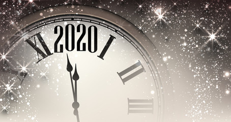 Naklejka na ściany i meble 2020 new year blue background with clock and stars.