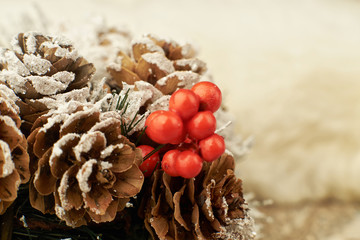 Christmas outdoor background with fir tree branches, decorations and blurred lights on back