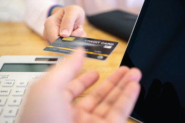 Pay for goods or pay for services using credit cards, business concepts, and electronic money usage.