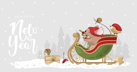 Happy New Year card with a cute mouse and festive elements. Vector illustration.