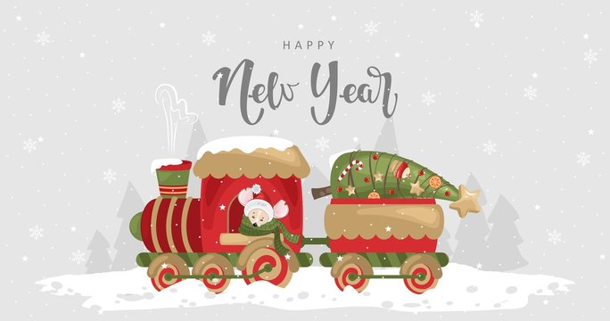 Happy New Year. Festive locomotive with a mouse and a Christmas tree. Vector illustration. Winter holiday card with calligraphic and hand-drawn design elements.