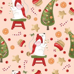 New year and Christmas holiday seamless pattern with mouse for wrapping paper or fabric with different elements. Fashionable vintage style.