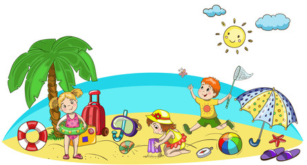 Obraz na płótnie Canvas Kids playing at the beach. Little boys and girls having fun at sea and ocean shore. Children summer vacation with vector mask, ball, sun, umbrella, hat, sand castle