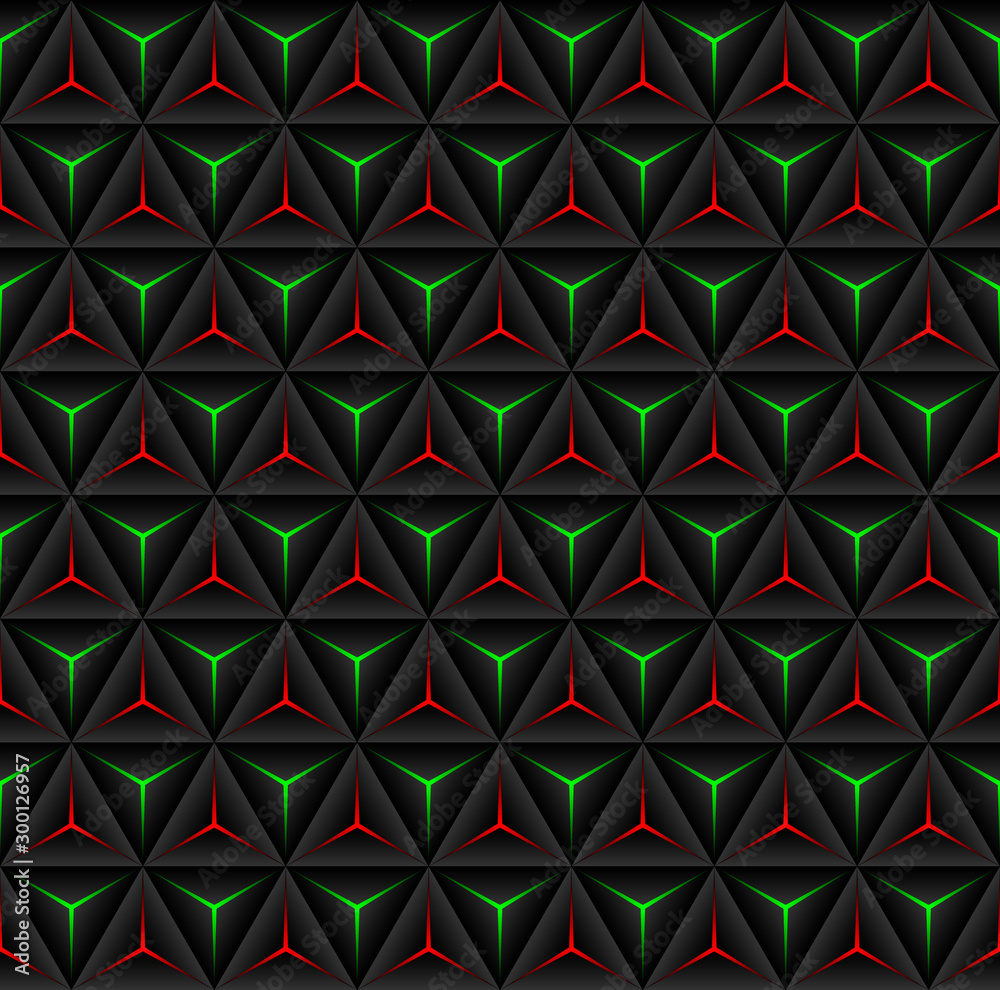 Poster seamless black background with red and green triangles