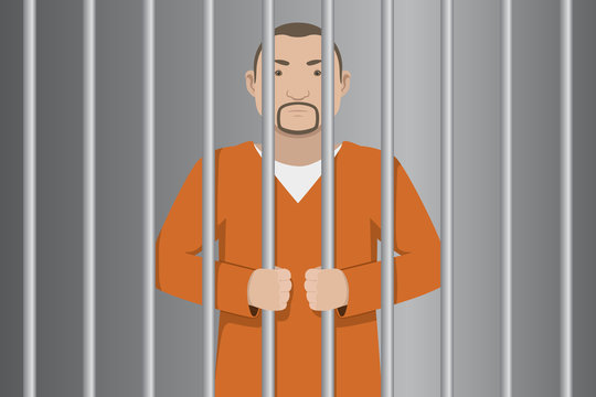 Prisoner in orange jumpsuit standing behind prison bars. Vector illustration.
