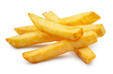 Delicious french potato fries, isolated on white background