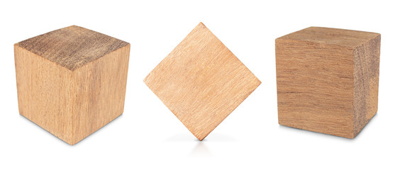 Wood cube Isolated on white background, Brown cubic wood, with Clipping path.
