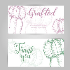Set of horizontal banners with hand drawn grafted cactus, sketch style vector illustration isolated on white background. Wild floral exotic tropical plant. Black and white of grafted cactus, top view.