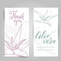 Set of banners with hand drawn Aloe Vera, sketch style vector illustration isolated on white background. Wild floral exotic tropical plant. Black and white of Aloe Vera, top view.