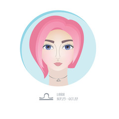 Zodiac sign Libra, female portrait with a straight pink hair in a round frame. Idea of astrological prediction and fortune. Perfect as an avatar, calendar or a postcard.