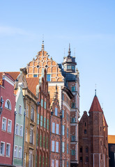 Fototapeta na wymiar View of the Gdansk Old Town, Motlawa River Embankment (Dlugie Pobrzeze street), Poland