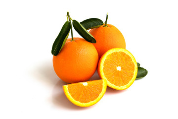 oranges with leaves isolated on white background