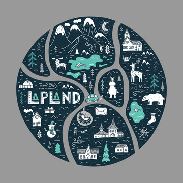 Cartoon map of Lapland hand-drawn. City map with famous tourist attractions and symbols. Color abstract layout of the place. Vector poster for advertising and travel agencies. Excursion route.