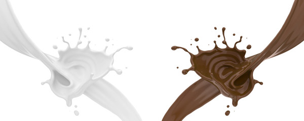 set of Milk and chocolate splash, 3d rendering.