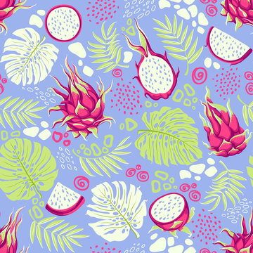Seamless pattern with tropical fruits, leaves and abstract bright colored blotches, stains, drops. Pink dragon fruits (Pitaya) whole fruit, half and pieces whith monstera and palm leaves. 