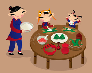 Two kids help their mother making rice dumplings. It is a common custom in old China, many families make their rice dumplings at home to celebrate the Chinese Dragon Boat Festival coming.