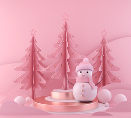 Snowman standing with podium on Christmas pink background, 3d rendering scene display with Xmas tree.