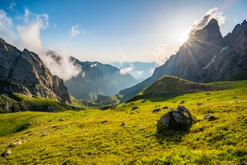 Fotobehang Sun rays and clouds in mountains of Magana valley, Egrisi mountains, Svaneti, Georgia © Jan