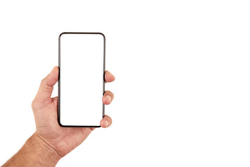 Męskie dłonie trzymają smartfon, telefon na białym tle