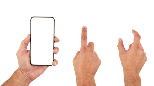 Męskie dłonie trzymają smartfon, telefon na białym tle