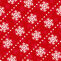 Vector seamless Christmas pattern; white snowflakes on red background; Christmas design for greeting card, gift box, wallpaper, wrapping paper, fabric, package, web design.