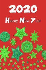 Naklejka premium New year greeting. Red background and green stars and polygons. Party poster, postcard.