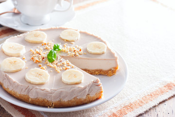 Homemade banana cheesecake without baking, horizontal, copy space