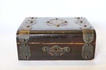 Antique Wooden Storage Box on White Background