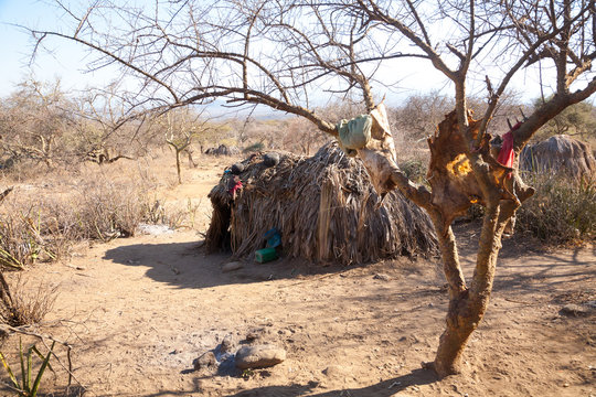 Village hut of the Hazda population, Tanzania, Africa
