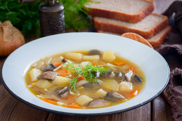 Forest mushroom soup in an enameled plate on a wooden table, horizontal