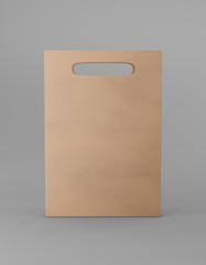 Eco packaging mockup bag kraft paper with handle front side. Standart medium brown template on gray background promotional advertising. 3D rendering