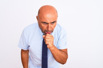 Middle age businessman wearing tie standing over isolated white background feeling unwell and coughing as symptom for cold or bronchitis. Healthcare concept.