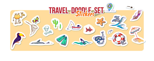 Summer holidays, ocean travel, desert trip. Vector Set for summer time vacation. Set of stickers with sketch design element summer theme. Hand drawn doodle stickers with adventure objects