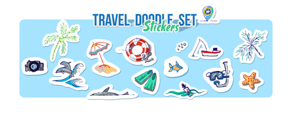 Fototapeta na wymiar Summer holidays, ocean travel, sea trip. Vector Set for summer time vacation. Set of stickers with sketch design element summer theme. Hand drawn doodle stickers with adventure objects.