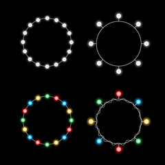 Obraz premium Collection of isolated vector shinning frames. Round lamp garlands with multicolored and white bulbs on the transparent background. Realistic elements for cards, banners, posters, invitations