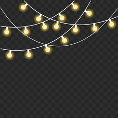 Lamp garlands composition with yellow bulbs on the transparent background. Realistic festive elements for cards, invitations, banners, posters, wallpaper. Isolated vector light