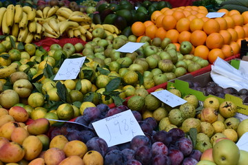 Closeup of fruits and vegetables on a local market in Funchal in Madeira, Portugal