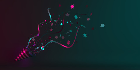 Happy New Year design creative concept, party popper cone and glittering confetti on blue pink gradient background. Copy space text area, 3D rendering illustration.