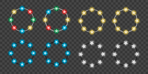 Christmas round lamp garlands with white, yellow, red, blue and green lights. Set of isolated vector glowing frames with stars. Decoration elements for cards, banners, posters, games
