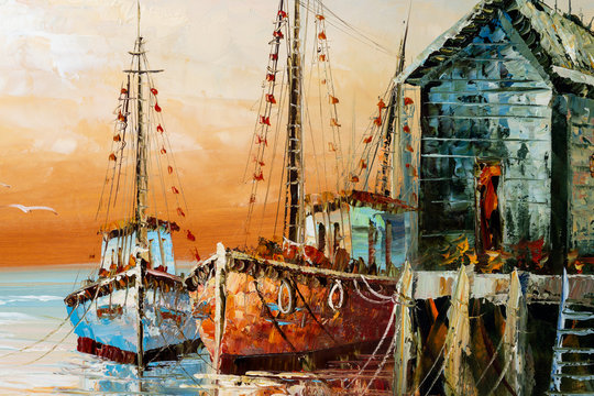Fragment of painting with thick paint brushwork and palette knife details depicting fisherman boats and shacks in a harbor.