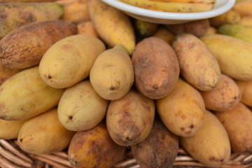 Closeup of banana passion fruits on a local market in Funchal in Madeira, Portugal