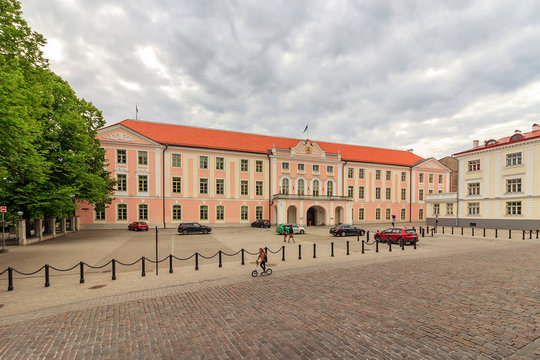 Toompea Castle (Castrum Danorum) is castle on Toompea hill in central part of Tallinn, Estonia June 11, 2019. houses Parliament of Estonia. 18th century,  Baroque and Neoclassical style. Riigikogu