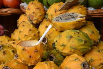Closeup of dragon fruits on a local market in Funchal in Madeira, Portugal
