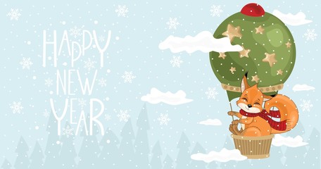 Happy New Year card with a squirrel on a hot air balloon. Handwritten Christmas greetings. Vector illustration.